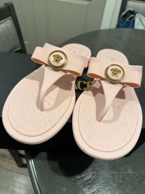 Versace Blush Pink Medusa Thong Sandals with Gold Emblem